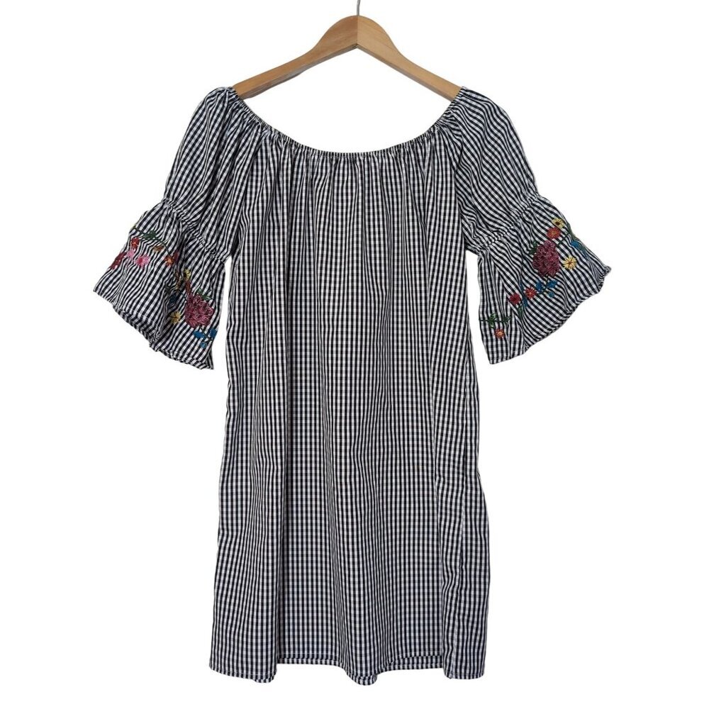 J Gee Shift Dress Women M Black White Check Embroidered On‎ Off Shoulder Peasant